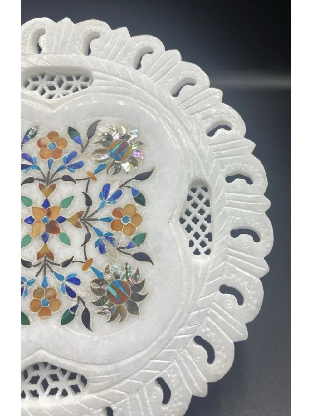 Inlaid Marble Plate Floral Stone Handmade Decor Boho Cottage 7 Inches